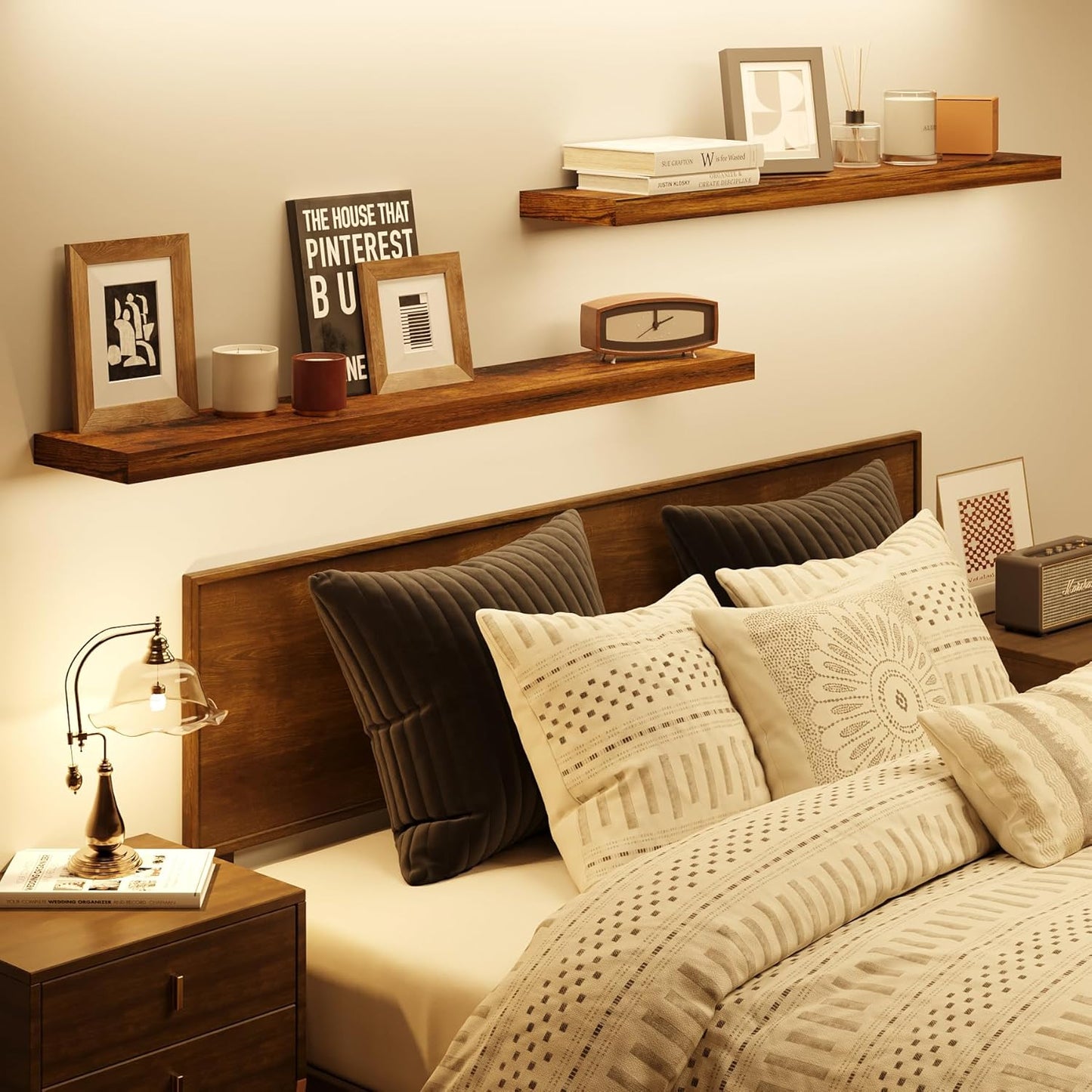 BAMEOS Floating Shelves,40 in W x 7in D Wall Mounted Wooden Shelves with Invisible Brackets Set of 2, Hanging Wall Shelves Decoration for Bedroom, Bathroom, Living Room and Kitchen,Rustic Brown