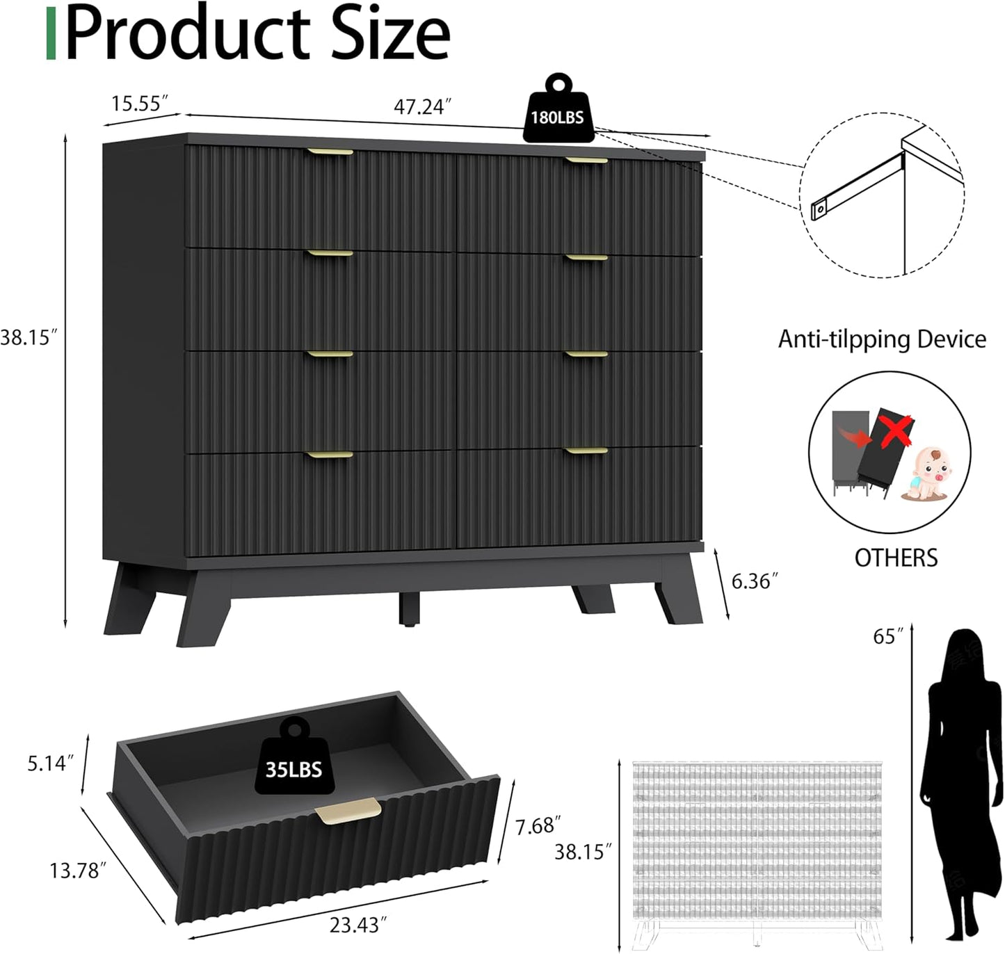 Fluted Dresser for Bedroom with 8 Drawers, 48" Wide Modern Chest of Drawers with Metal Handle, Wooden Dresser TV Stand, Wood Closet Clothes Storage Drawer Organizer for Living Room, Hallway, Black