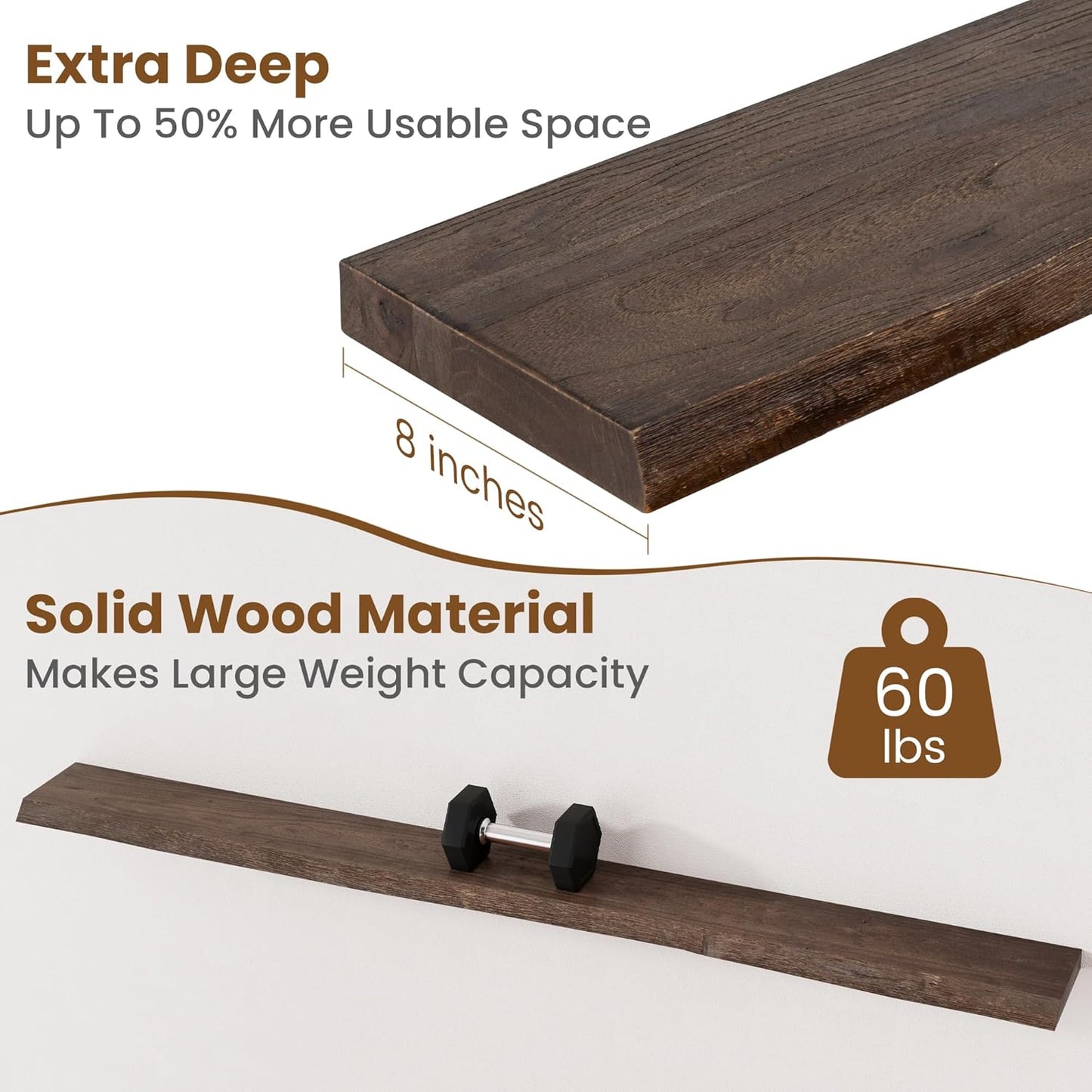 Floating Shelves for Wall Decor, Rustic Solid Elm Wood Floating Shelves Wall Mounted, Wall Shelves with Invisible Bracket for Living Room Bathroom Bedroom Kitchen, 72 Inch, Walnut