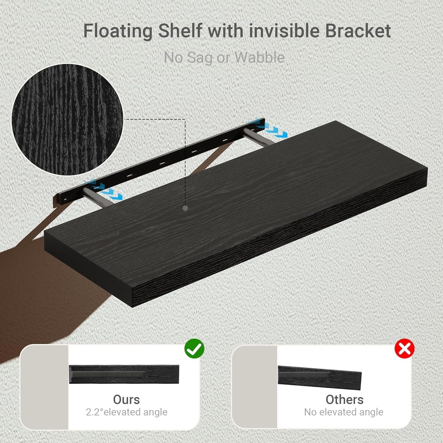 Black Floating Shelves for Wall Mounted, 24 inchs x 9.1” Deep x 1.5” Thick Wall Shelves for Bedroom, Living Room, Bathroom，Kitchen, Office, Home Decor Shelf with Invisible Bracket - Set of 2