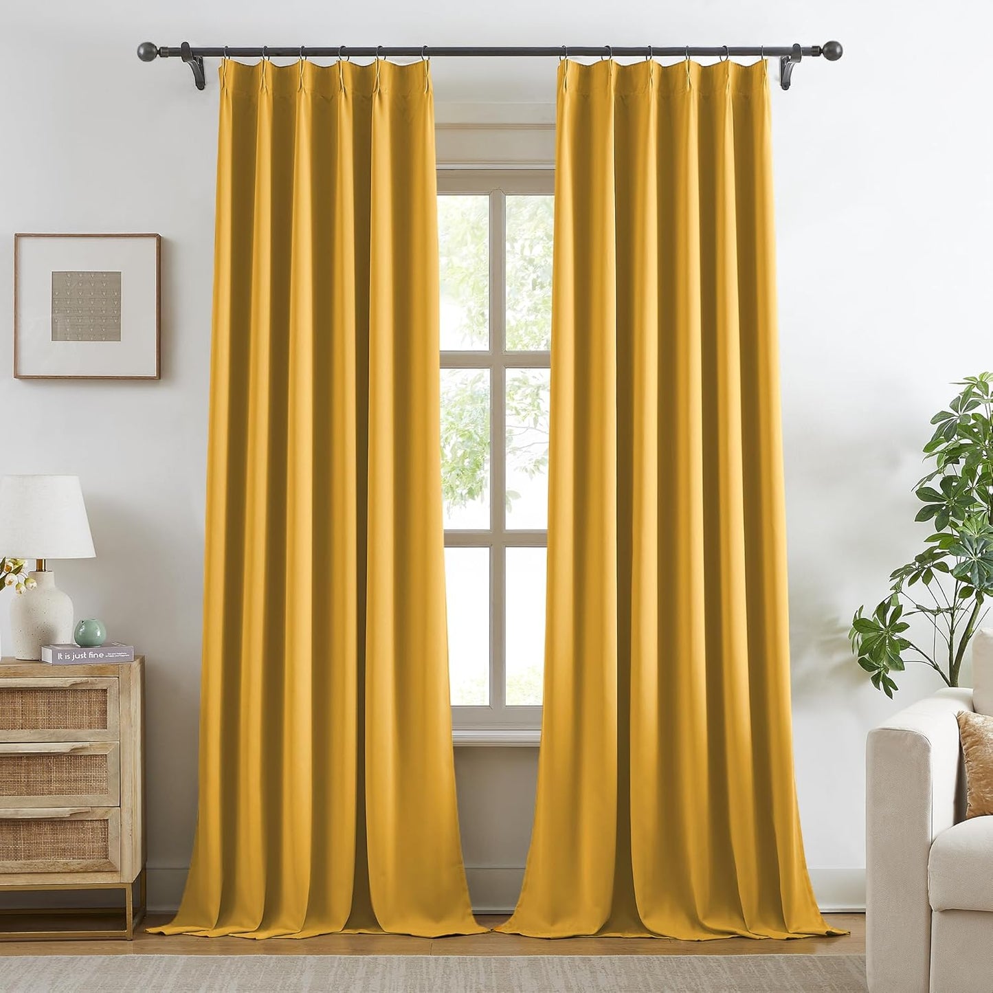 KangBang Gold Yellow Long Curtains 120 Inches Long, Pinch Pleat Blackout Curtains for Living Room Soundproof Sliding Door Vertical Window Panels for Traverse Rod with Hooks,2 PCs,40Wx120L