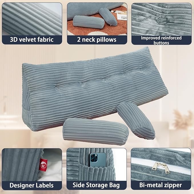 Headboard Wedge Pillow King with 2 Pack Neck Roll Pillow Large Headboard Pillow Soft and Supportive with Removable Cover (Light Grey, King：76x8x20 Inches)