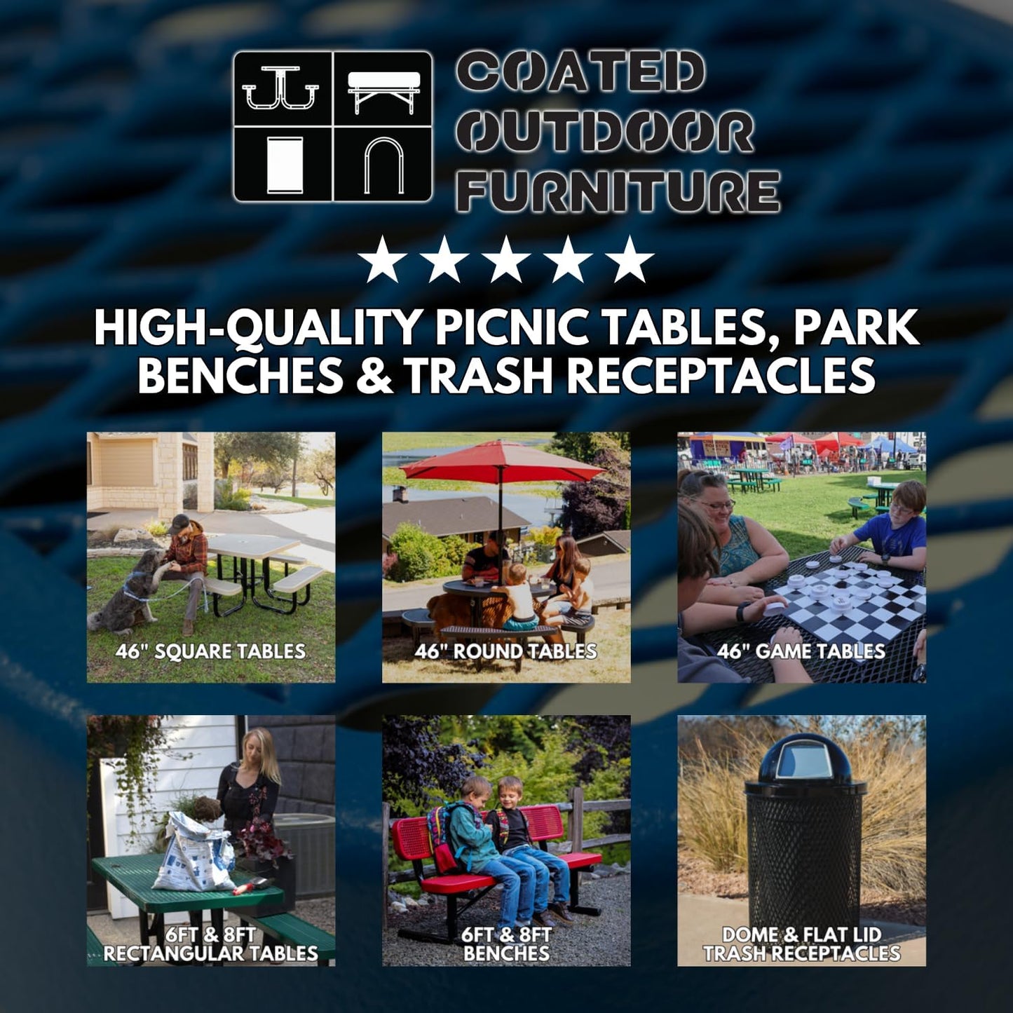 Heavy-Duty Portable Outdoor Picnic Table with Umbrella Hole, Expanded Metal Patio Dining Furniture Made in America (46" Round Top, Textured Brown)