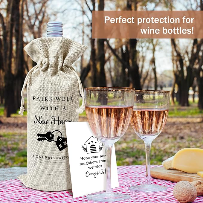 Housewarming Wine Gift Bags & Card, First New Home House Gifts for Women Men Wife Husband Friend Home Owner, 1 pcs Reusable Burlap Wine Gift Bags for Wine Bottles, Housewarming Party Decor Favor -33