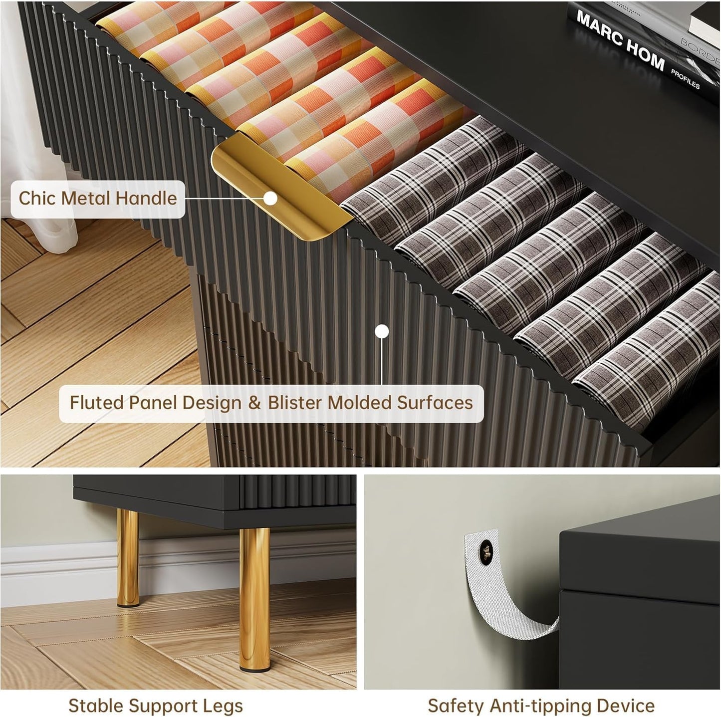 GAOMON 6 Drawer Dresser, Wood Chest of Drawers Organizer Storage with Gold Handle, Large Storage Cabinet, Modern Design Dresser for Bedroom, Living Room, Closet, Hallway, Entryway, Black