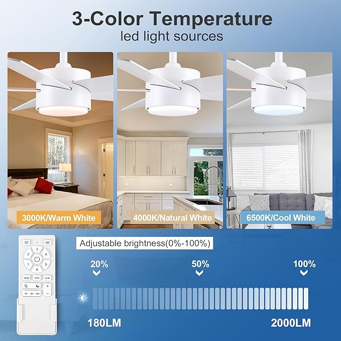 42 inch White Ceiling Fan with Lights and Remote Control, Dimmable Ceiling Fans with Lights,3-Color, Quiet Reversible 6-Speed, Wood Modern Ceiling Fan for Bedroom, Living Room, Dining Room
