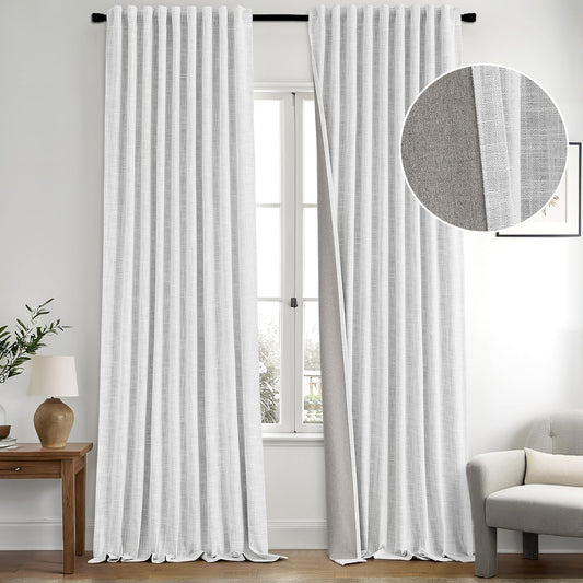 MIULEE Greyish White 100% Blackout Linen Curtains 120 Inch 2 Panels Set Double Sided No Coating Pinch Pleated Back Tab Black out 10 FT Extra Long Thermal Insulated Bedroom Living Room Darkening Drapes