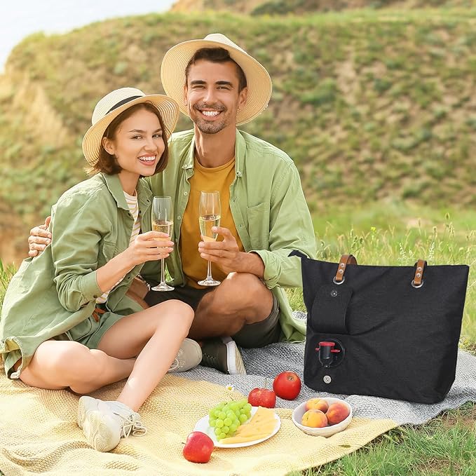Wine Tote Bag, Beach Wine Cooler Bags for Travel Gift, Leakproof Insulated Purse Carrier with Hidden Spout Compartments, Holds 2 bottles of Wine for Picnic, BYOB Restaurant, Party, Dinner