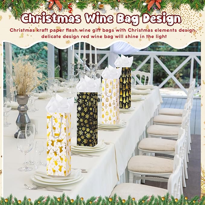 Harloon 32 Pack Christmas Wine Gift Bags Bulk Holiday Wine Bottle Bags with Handles Tissue Paper Metallic Foil Champagne Gift Bags with 4 Designs for Winter Wine Gift Banquet Birthday (Black, Gold)