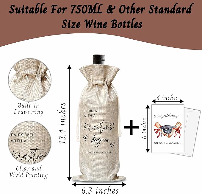 Xanev Masters Degree Graduation Gifts For Women Man, Graduation Drawstring Wine Gift Bag, Pairs Well With A Bachelor's Degree, Graduation Party Decoration Supplies Favors, B18