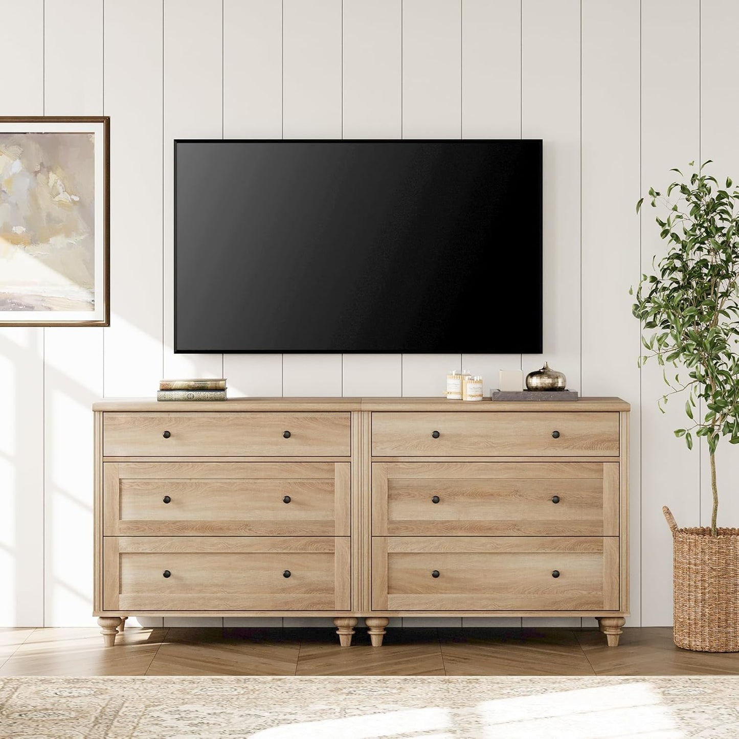 WAMPAT Kids Dresser for Bedroom with 6 Drawers, Oak Baby Dressers with Wide Chest of Drawers, Mid Century Modern Wooden Closet Storage Organizer, Large Wood Dressers for Living Room, Nursery, Hallway