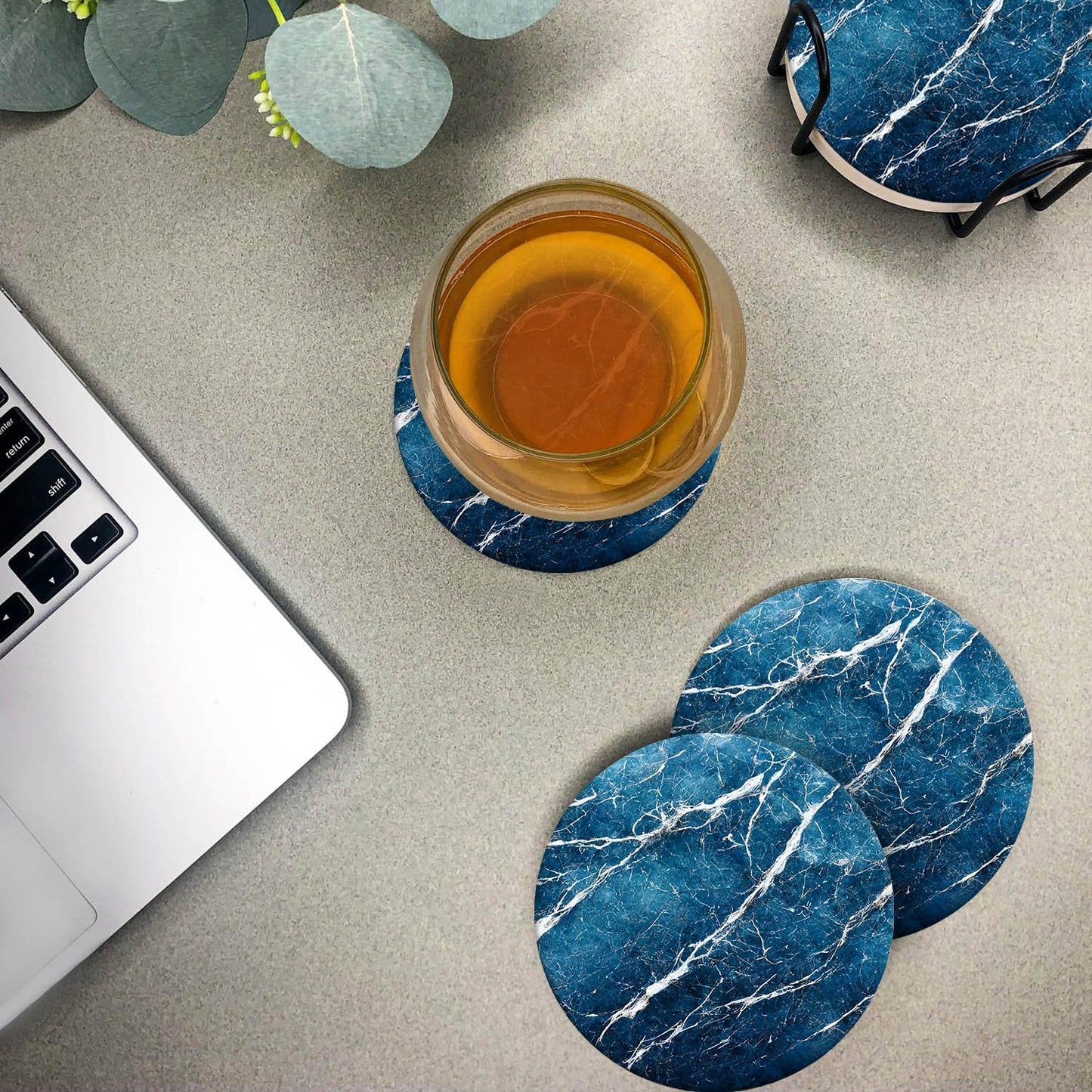 Emerson Coasters for Drinks Absorbent – Dining Table Set of 6 with Holder, 100% Ceramic Wooden Tabletop Protection Marble Style - Non-Slip & Cork Bottom - Heavy Duty (Blue Streak)