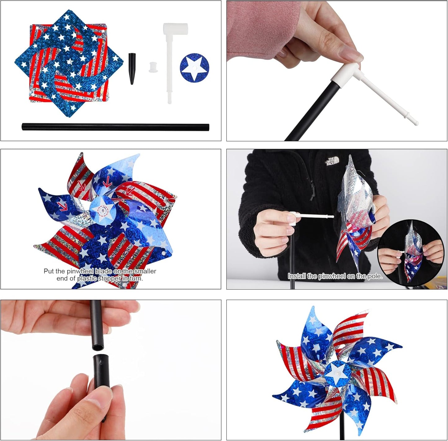 Hausse 10 Pack Reflective Pinwheels Patriotic Decorations, American Flag on Stick Wind Spinner with Stake for Independence Day, Memorial Day July of 4th Party Supplies, Scare Birds Repellent Devices