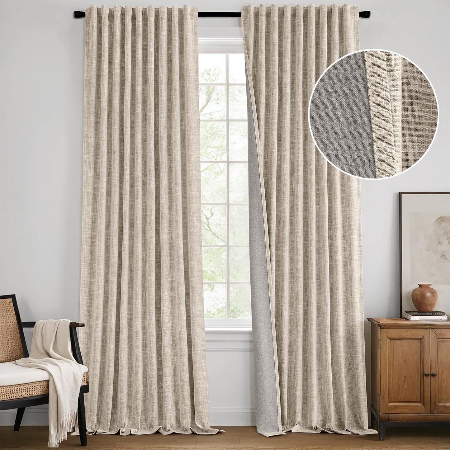 MIULEE Beige 100% Blackout Linen Curtains 92 Inch 2 Panels Set Double Sided No Coating Pleated Back Tab Black Out Long Thermal Insulated Pinch Pleat Bedroom Living Room Darkening Window Drapes
