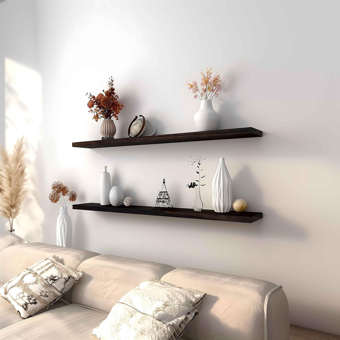 Wood Floating Shelves for Wall Decor, Rustic Wall Shelves for Bedroom Bathroom Kitchen Living Room, Set of 4 Walnut 48 Inch