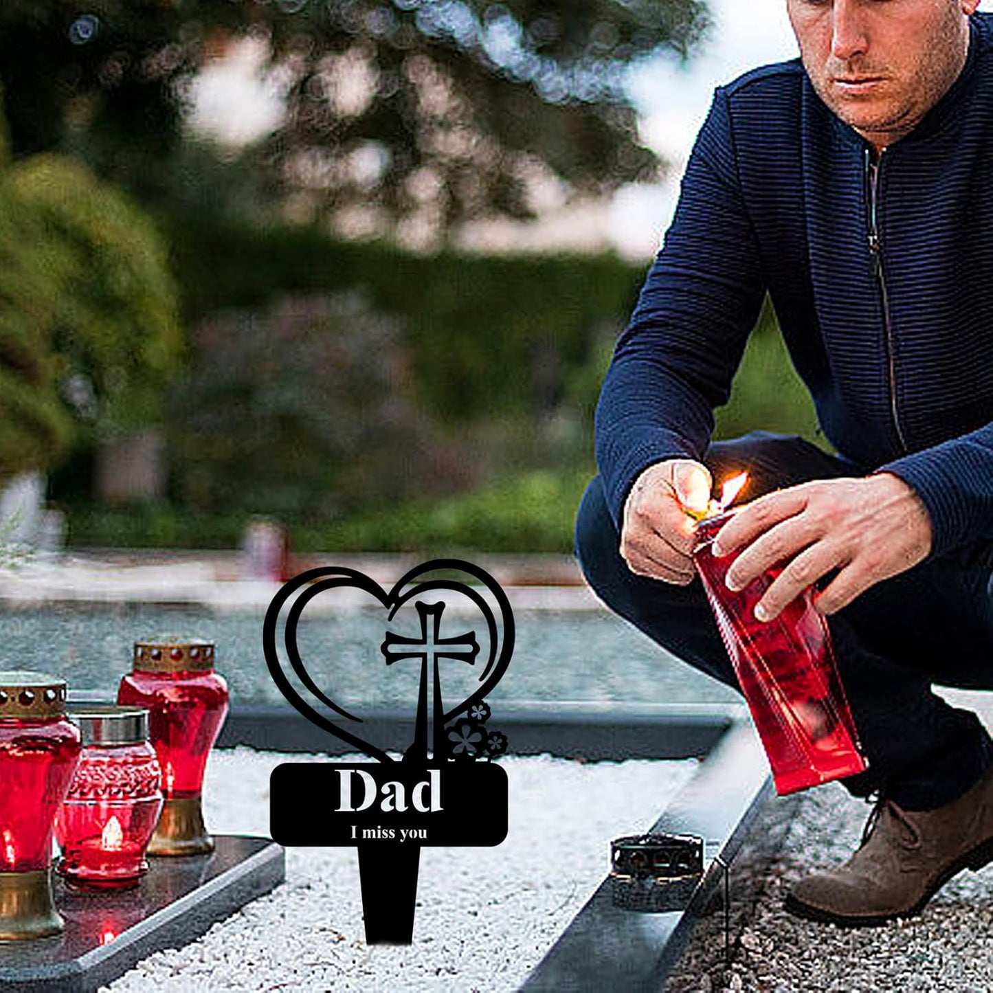 Dad Memorial Grave Stake, Cemetery Decorations for Grave Markers 12.5 x 7.2 inch Heart Metal Sympathy Stakes Graveside Plaque Decor Sign for Father Graves, Yard, Garden - Black-Dad