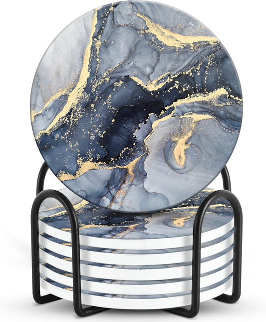 Emerson Coasters for Drinks Absorbent – Saucers Coffee Table Set of 6 with Holder, Wooden Tabletop Protection Marble Style 100% Ceramic - Non-Slip & Cork Bottom - Heavy Duty Drink Coasters (Riptide)