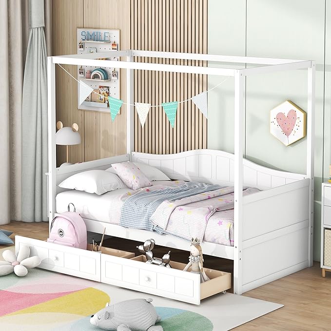 Twin Size Canopy Day Bed with 2 Drawers, White Finish, Sturdy Pine Wood and MDF, Built in Backrest, Space-Saving Design, Fits Curtains and Decorations,77.6"x 41.3"x66.1"