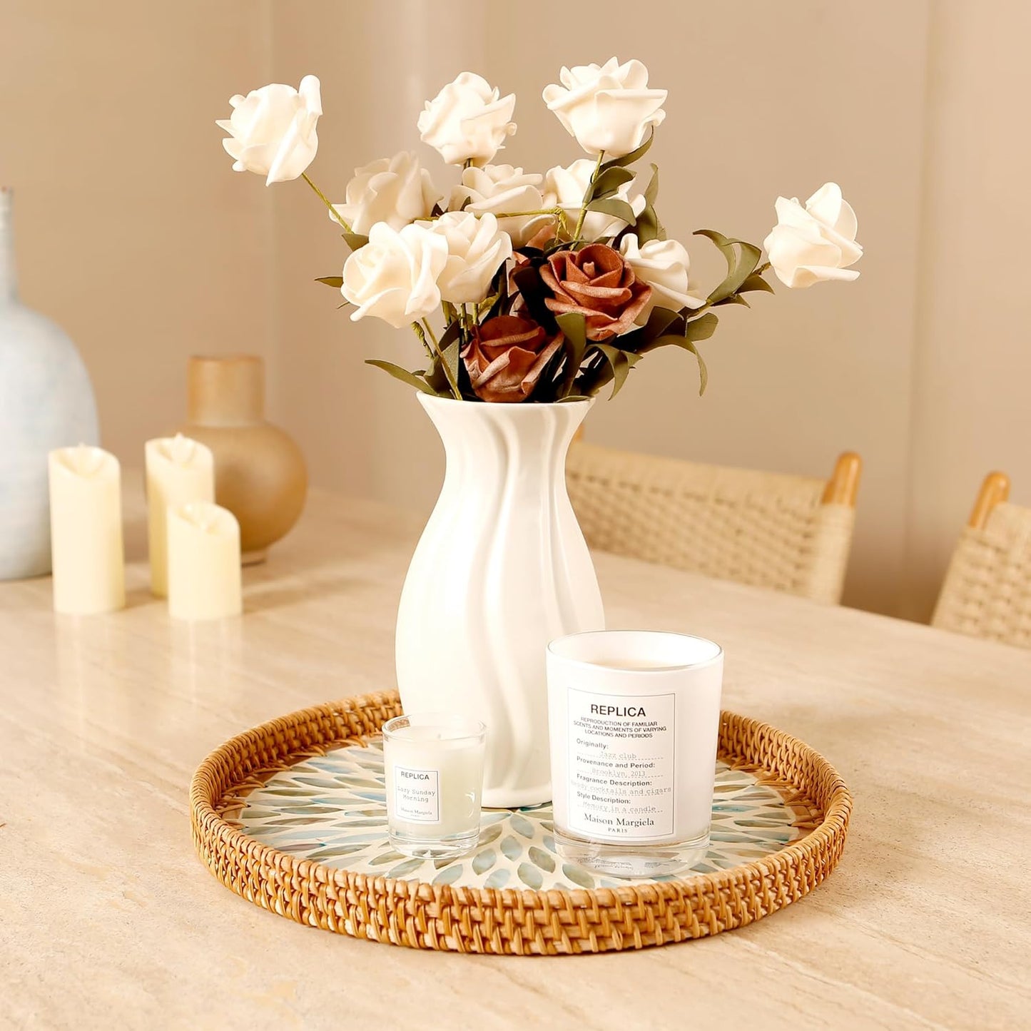 Round Rattan Tray with Mother of Pearl Inlay & Wooden Base - Decorative Wicker Serving Tray for Coffee/Bread/Fruits, Food Storage & Display - Multipurpose Home Decor (L,Colorful Leaves)