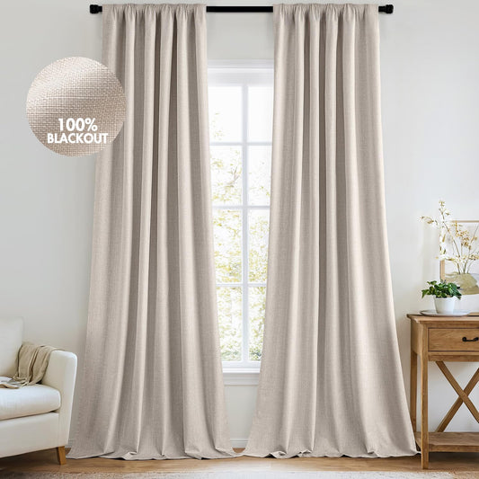 MIULEE 100% Blackout Curtains 84 Inch Long 2 Panels Set for Bedroom, Thick Luxury Faux Linen Black Out Curtain Room Darkening Back Tab Pleat Window Textured Drapes with Hooks for Living Room, Beige