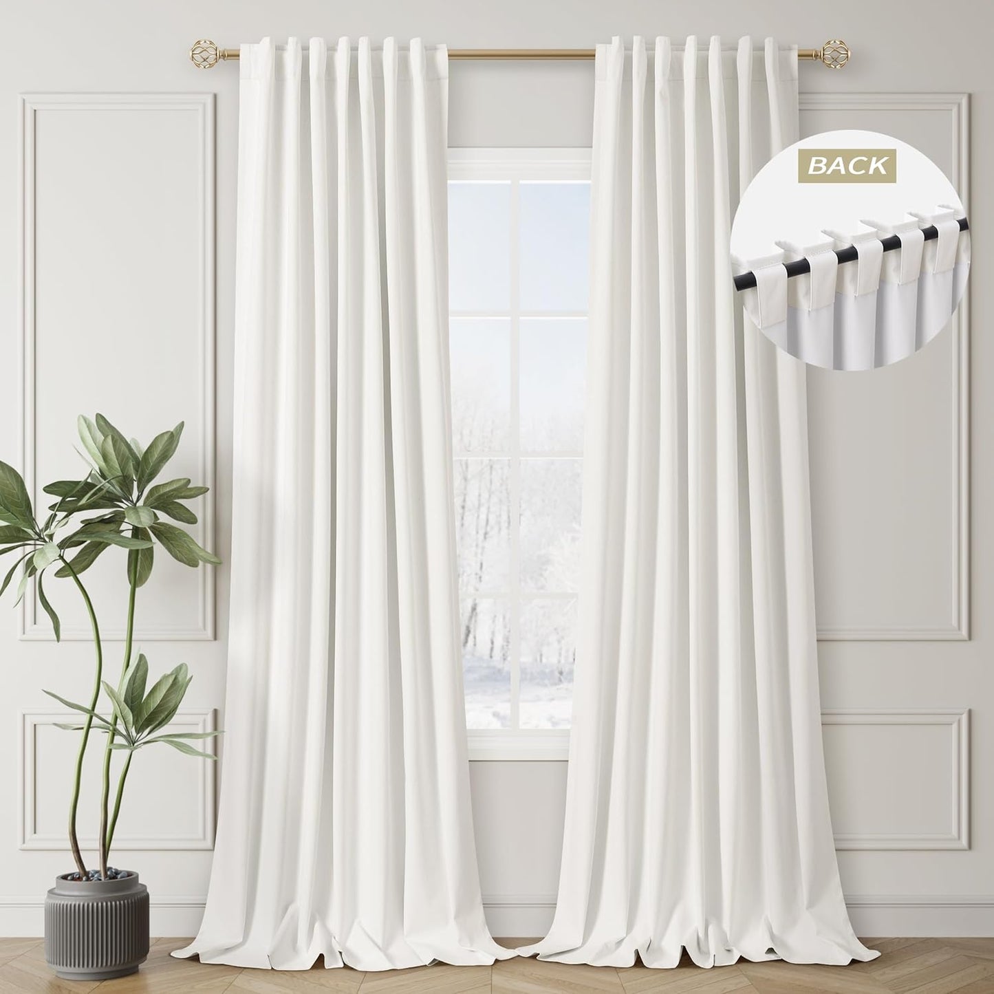 Ivory White Black Out Curtains 84 Inch Long for Bedroom Window Room Darkening Full Light Blocking Curtains Back Tab Neutral Elegant Off White Blackout Curtain Thermal Insulated Linen Drapes 52x84