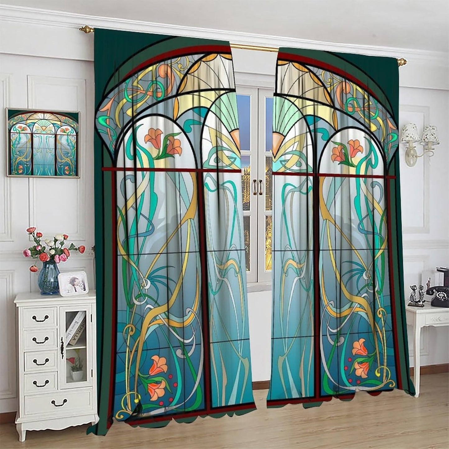 Stained Glass Curtains, Retro Mid Century Boho Abstract Art Home Decor Drapes for Bedroom Living Room Kitchen Window Treatment 2 Panels Set Total Size 42" W X 54" L Inch