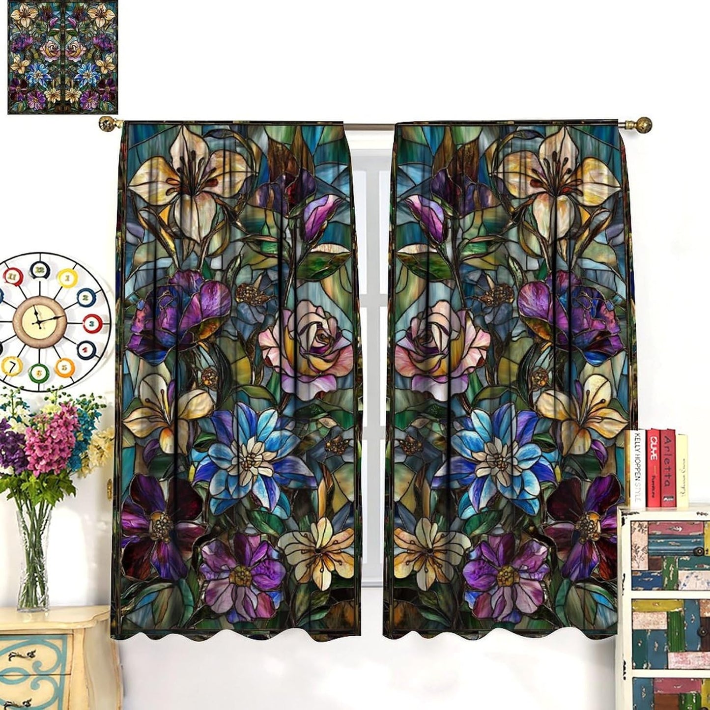 Stained Glass Curtains,Retro Colored Glass Flowers Art Home Decor Drapes for Bedroom Living Room Kitchen Window Treatment 2 Panels Set Total Size 72" W X 63" L Inch