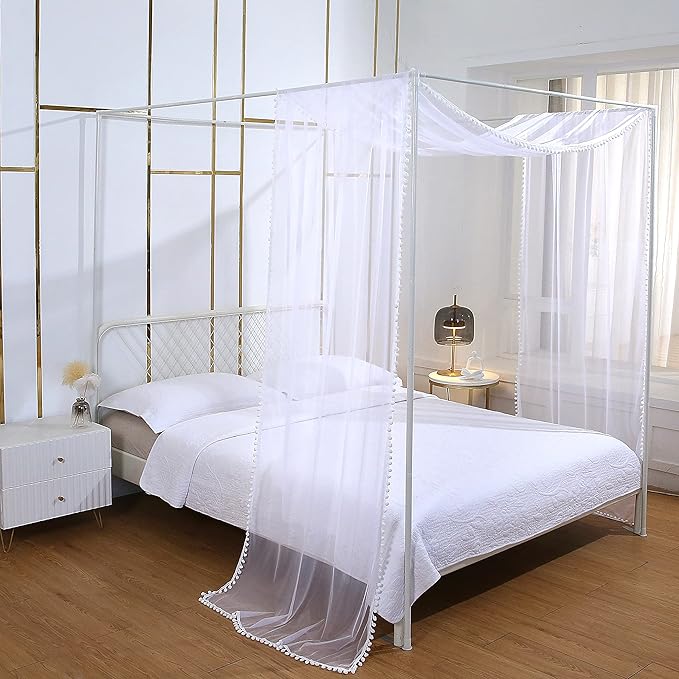 Akiky Pom Pom Canopy Bed Curtains Princess Bed Canopy Scarf for Full/Queen Metal Bed Frame,Wood Frame Bed-2 Panel Sheer Canopy Curtain(White)