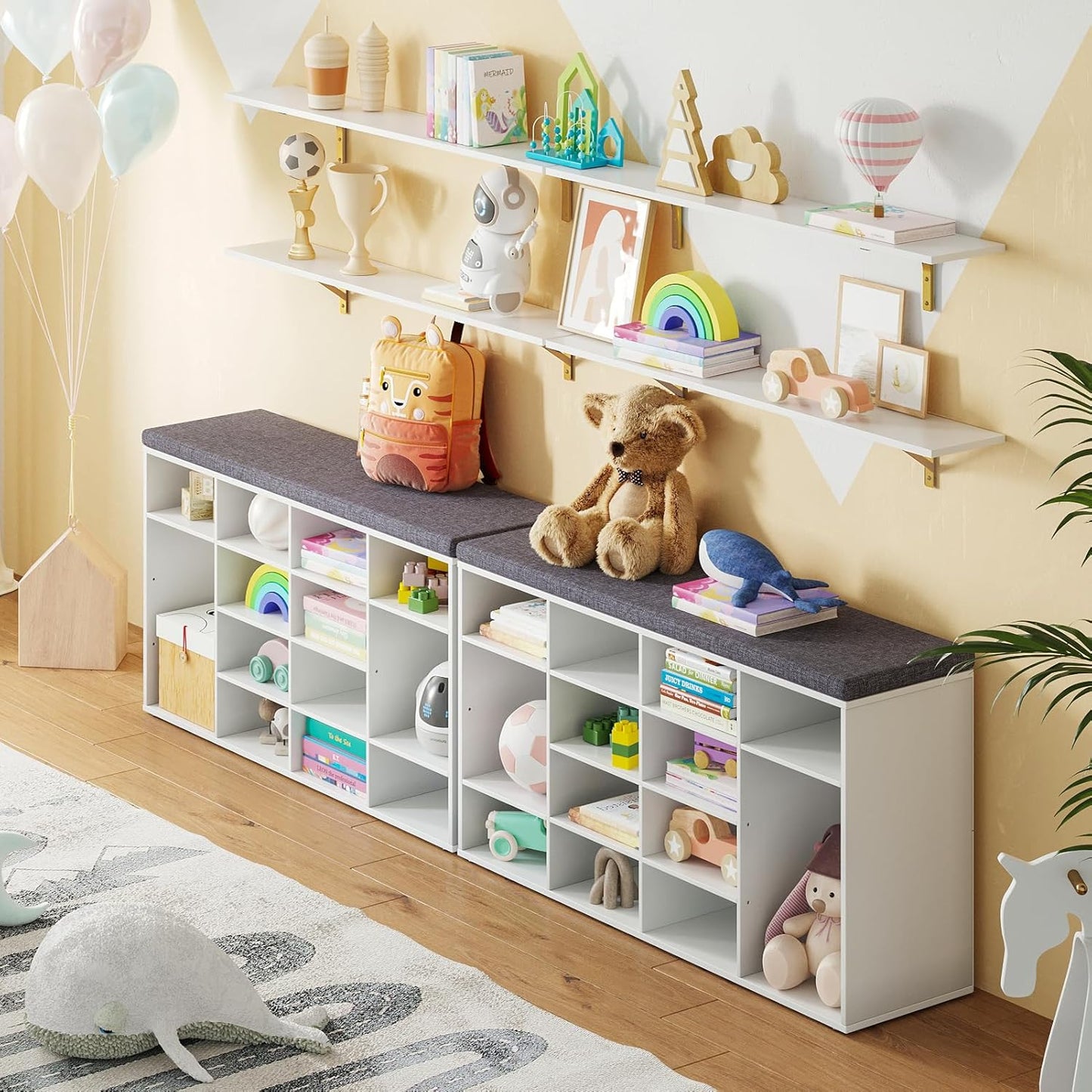 DINZI LVJ Long Wall Shelves, Set of 4, 47.3" Wall Mounted Shelves, Large Floating Shelves for Storage with Metal Brackets, for Living Room, Bathroom, Bedroom, Kitchen, White and Gold