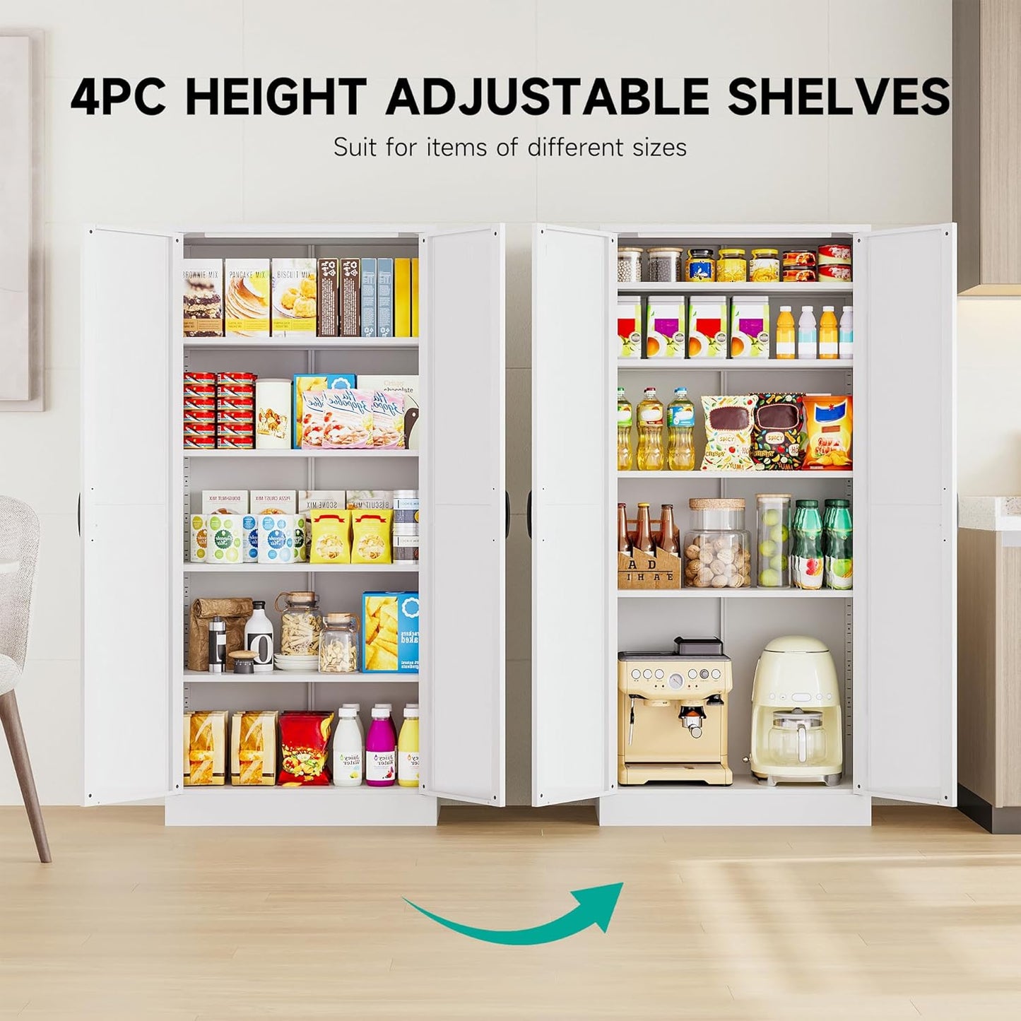 SISESOL Metal Storage Cabinet with 2 Doors and 5 Shelves,61 inch White Pantry Storage Cabinet,Large Farmhouse Pantry Cupboard for Home,Kitchen,Dining/Living Room