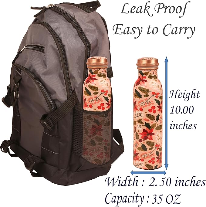 Pure Copper Water Bottle - Handcrafted - Ayurveda Health Benefits - Large 35 oz - Leak proof - Easy to carry for Sports, Fitness, Yoga, School - Textured Multicolor Floral.