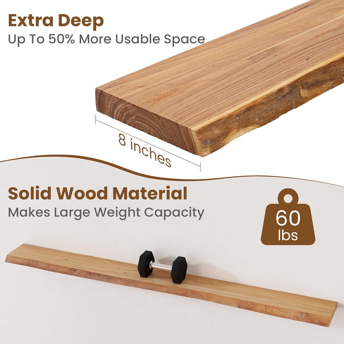 Floating Shelves for Wall Decor, Rustic Solid Elm Wood Floating Shelves Wall Mounted, Wall Shelves with Invisible Bracket for Living Room Bathroom Bedroom Kitchen, 72 Inch, Natural