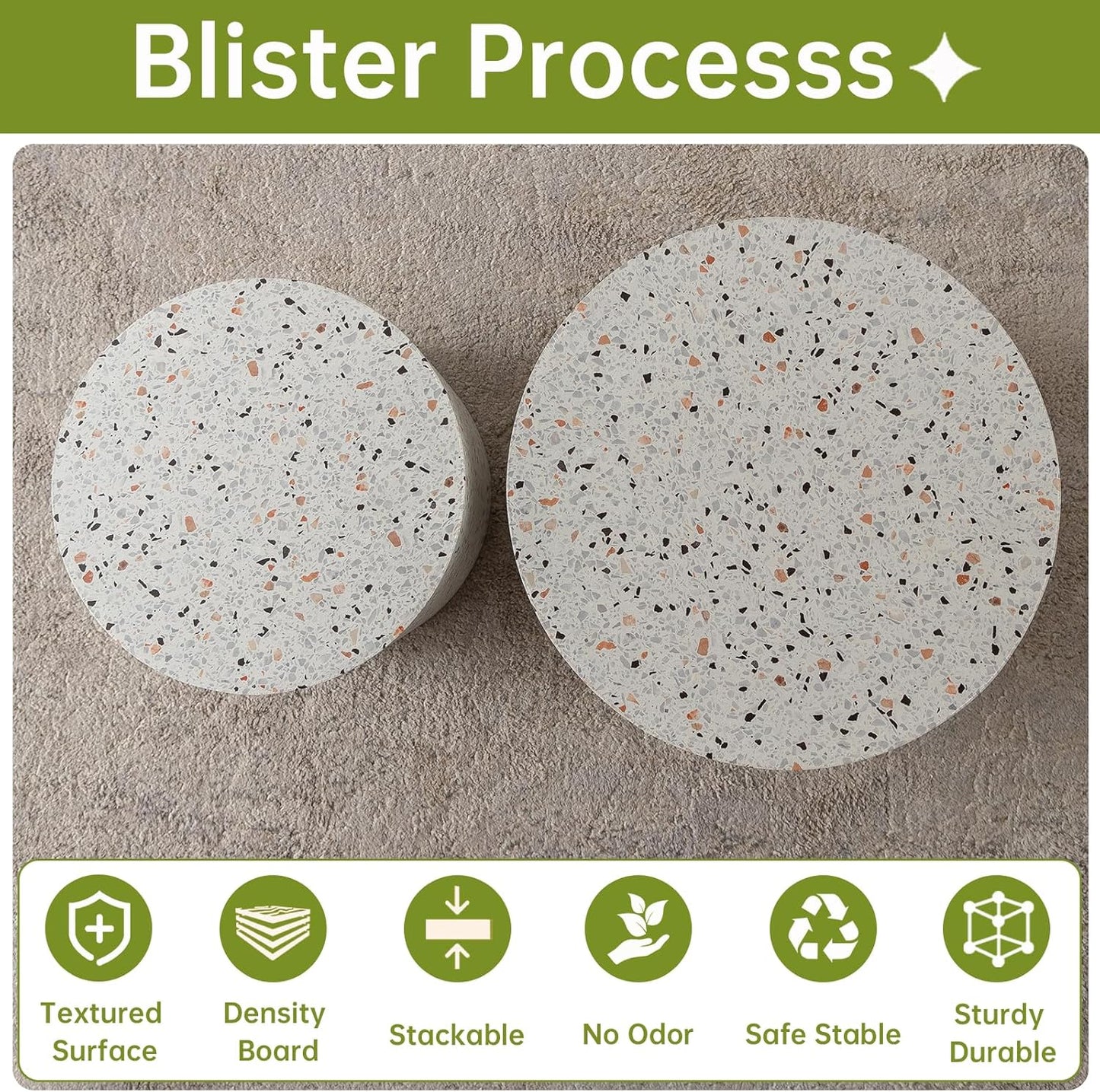 Round Nesting Coffee Table, Drum Wood Coffee Table Set of 2 Marble-Color, Modern Nesting Tables Circle Center Table 2 Piece for Small Spaces Living Room Bedroom Balcony Office, No Assembling