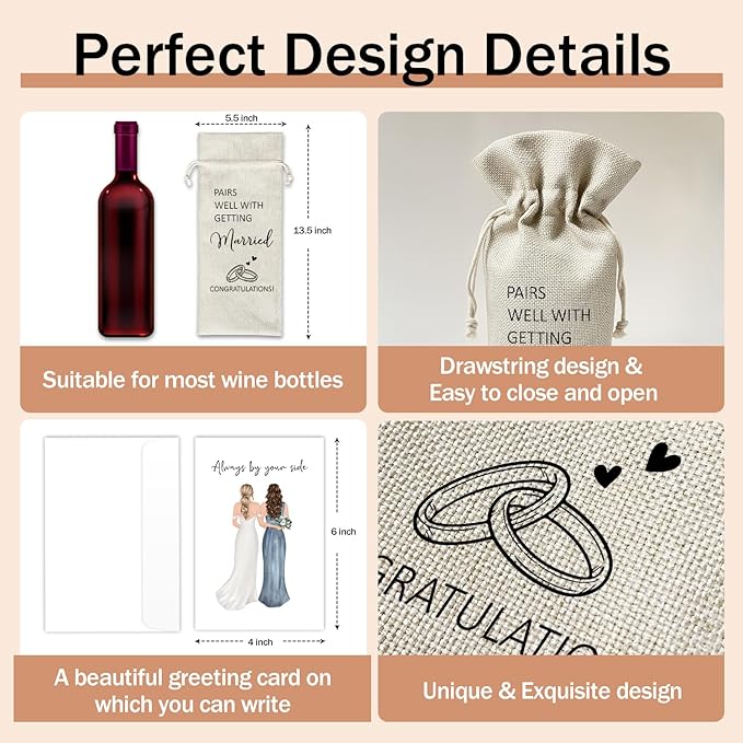 Wedding Wine Gift Bags & Card, Bridal Shower Gift Engagement Gifts for Bride Bride-to-be Newly Engaged Couples Friends, 1 pcs Reusable Burlap Wine Gifts Bags for Wine Bottles, Wedding Party Favor -04