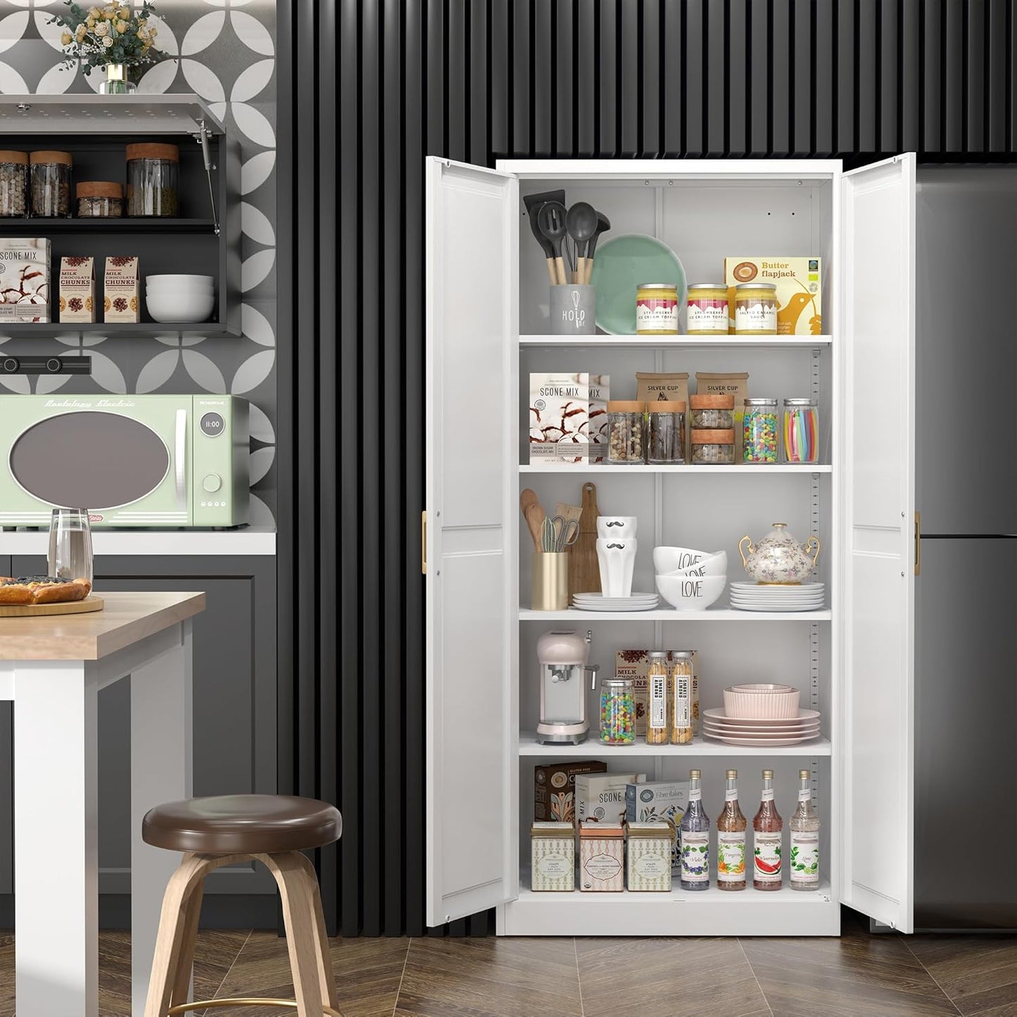 Kitchen Pantry Cabinet,71”White Metal Pantry Storage Cabinet with Doors and 4 Adjustable Shelves,Kitchen Cabinet with 2 Gold Handles,Tall Cabinet for Livingroom,Pantry, Bathroom,Kitchen