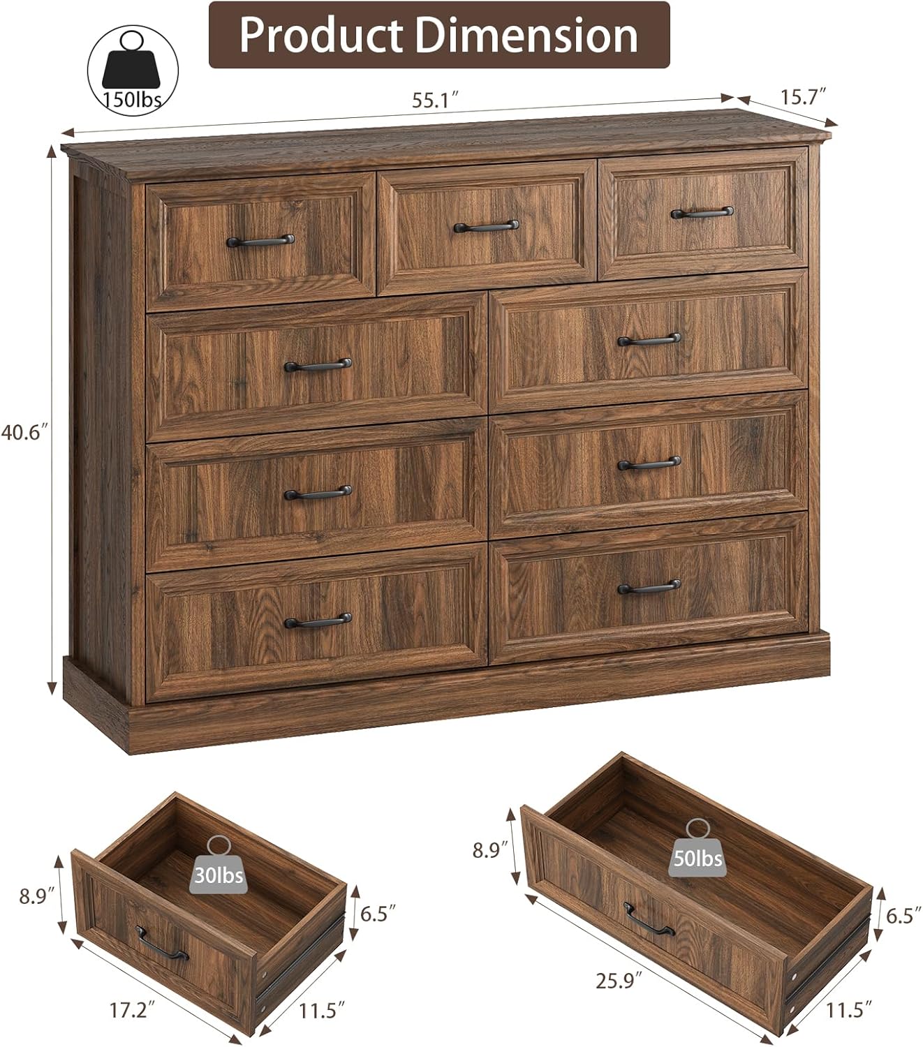 Farmhouse 9 Drawer Dresser for Bedroom, 55 Inch Wide Modern Walnut Dresser TV Stand with Large Drawers & Bar Handles, Rustic Wood Chest of Drawers for Bedroom, Living Room, Hallway, Entryway.