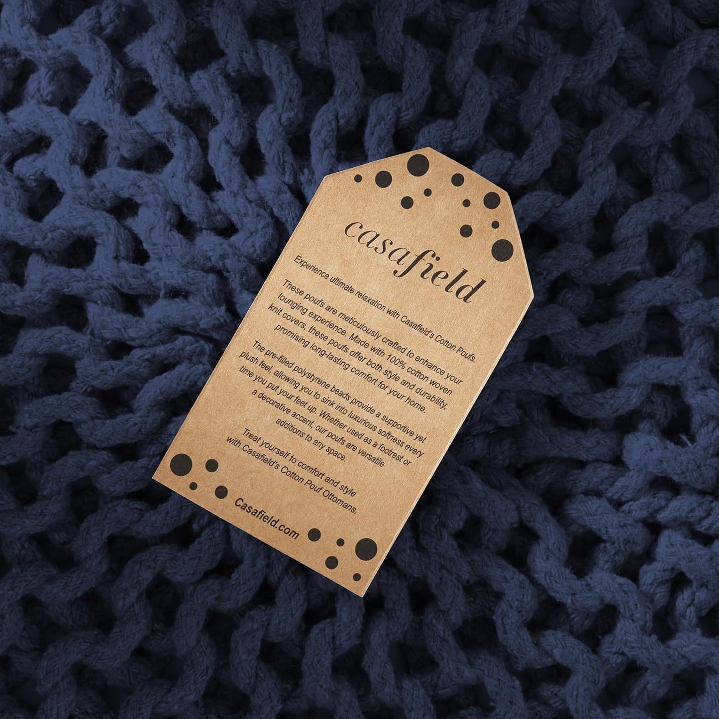 Casafield Round Pouf Ottoman, Navy Blue - 20" Diameter x 14.5" High Cotton Knit Foot Stool - Boho Floor Pouffe for Living Room, Bedroom, Home Office