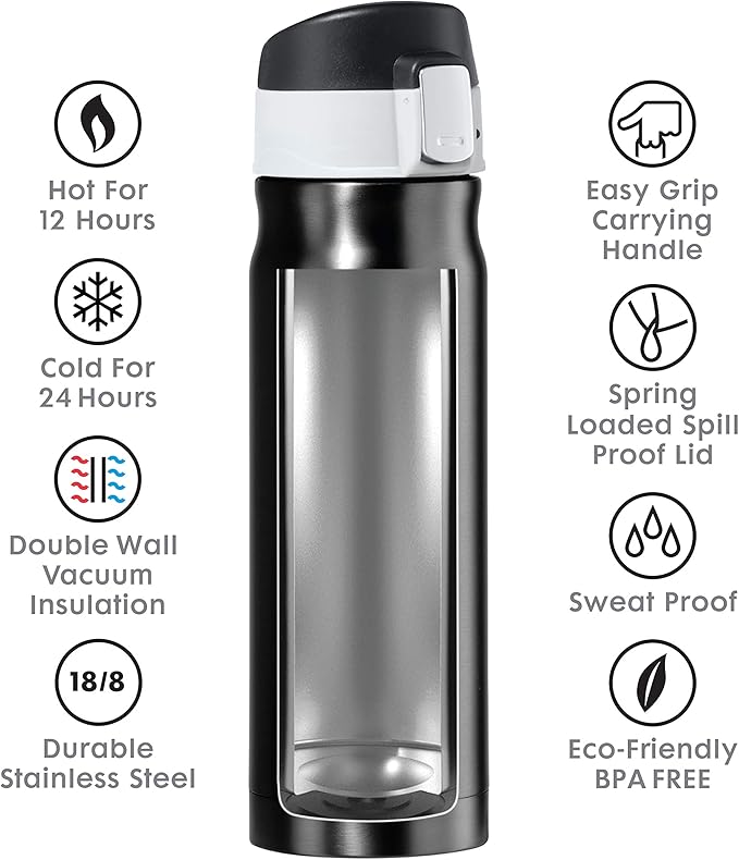 OGGI Caliber Stainless Steel Travel Water Bottle- Insulated Coffee Mug, Metal Water Bottle, Sports Bottle, Water Flask, Travel Bottles, 17oz, Peacock
