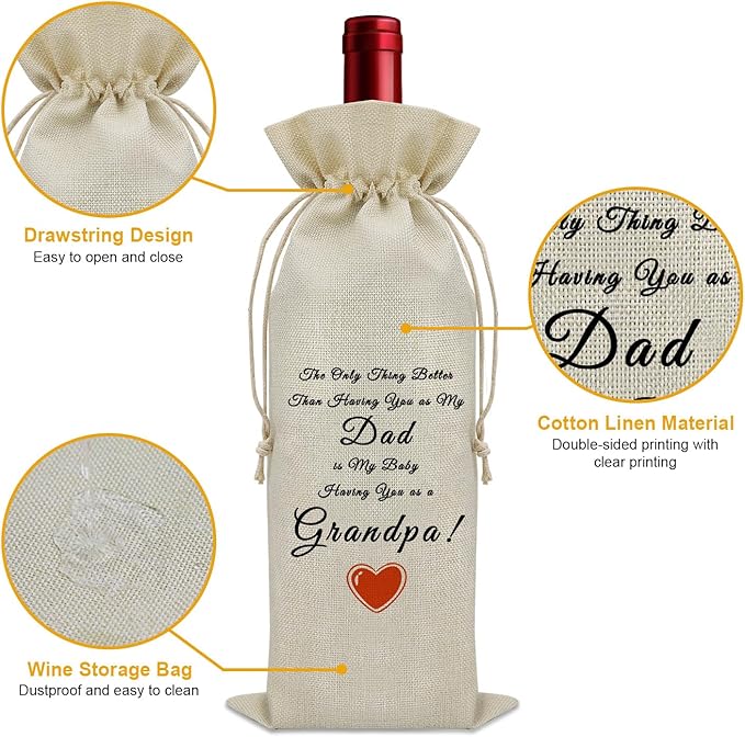 Sazuwu Dad Promoted to Grandpa Gifts Wine Bag New Grandpa Gifts for Fathers Day Pregnancy Announcement Gifts for Grandpa Wine Bottle Decoration Bag Grandfather Birthday Gift from Daughter