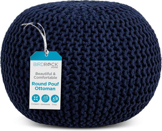 BIRDROCK HOME Round Pouf Ottoman | Cotton Braided Foot Stool with Bean Bag Filling | Boho Foot Rest for Living Room & Bedroom | Compact & Comfortable Seating, Lightweight & Soft | Navy