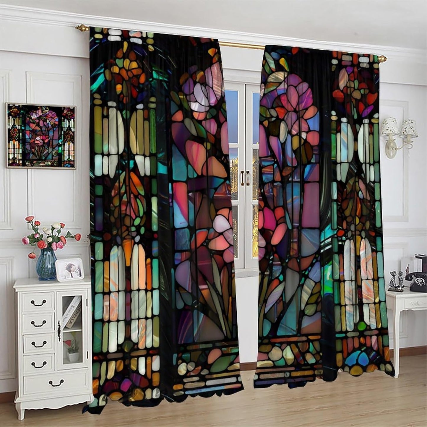 Stained Glass Curtains,Vintage Colorful Abstract Art Home Decor Drapes for Bedroom Living Room Kitchen Window Treatment 2 Panels Set Total Size 55" W X 63" L Inch