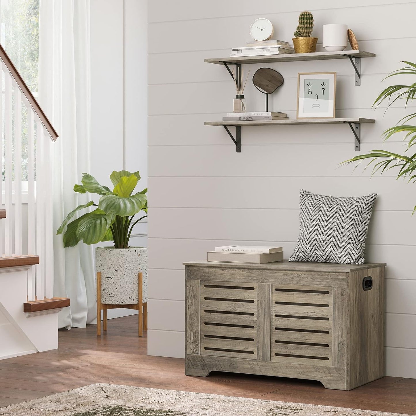 DINZI LVJ Long Shelf, 31.5 Inch Large Wall Mounted Shelves Set of 2, Easy-to-Install, Display Ledges with Sturdy Metal Brackets for Living Room, Bathroom, Bedroom, Kitchen, Laundry Room, Gray Wash