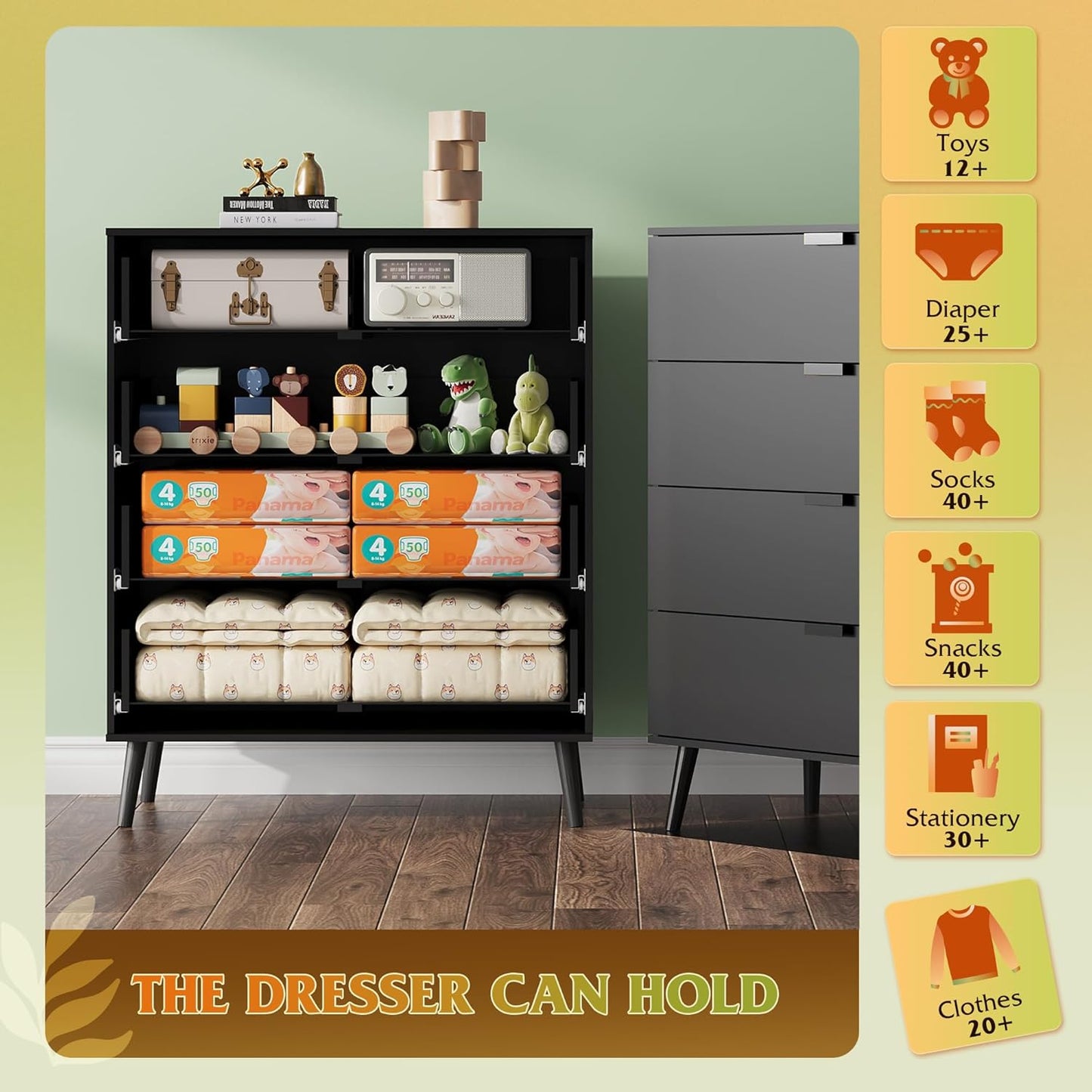 WLIVE 4 Drawer Dresser for Bedroom, Tall Wood Dresser, Modern Black Dressers with Sturdy Metal Handle, Small Chest of Drawers for Living Room, Hallway