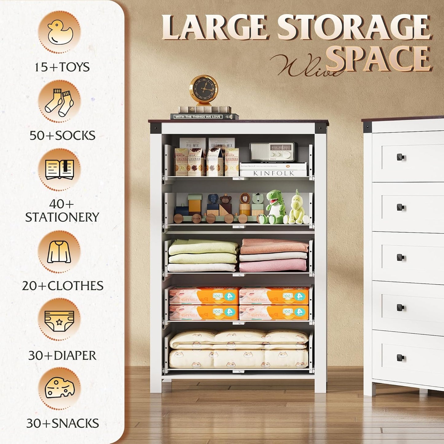 WLIVE Farmhouse White Dresser for Bedroom, 5 Drawer Dresser Storage Organizer, Tall Wood Dressers with Double Rustic Handle, Chest of Drawers for Living Room, Hallway, Closet