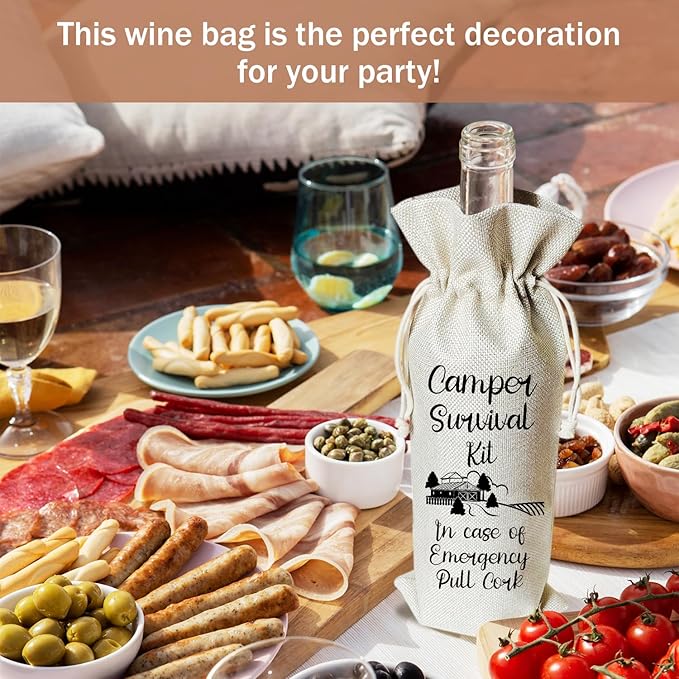 Camper Gift Wine Gift Bag, 1pcs Camper Survival Kit Reusable Burlap Drawstring Wine Gifts Bag for Wine Bottles, Birthday Camping Holiday Party Favor -01