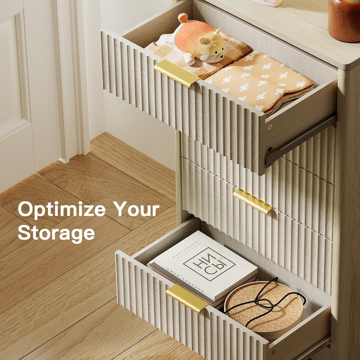 Pipishell Dresser for Bedroom, Fluted 5 Drawers Dresser, 40" Tall Modern Chest of Drawer with Round Edge & Pre-Installed Drawer Slides, Natural Wood Drawer Organizer for Bedroom, Hallway, Gray