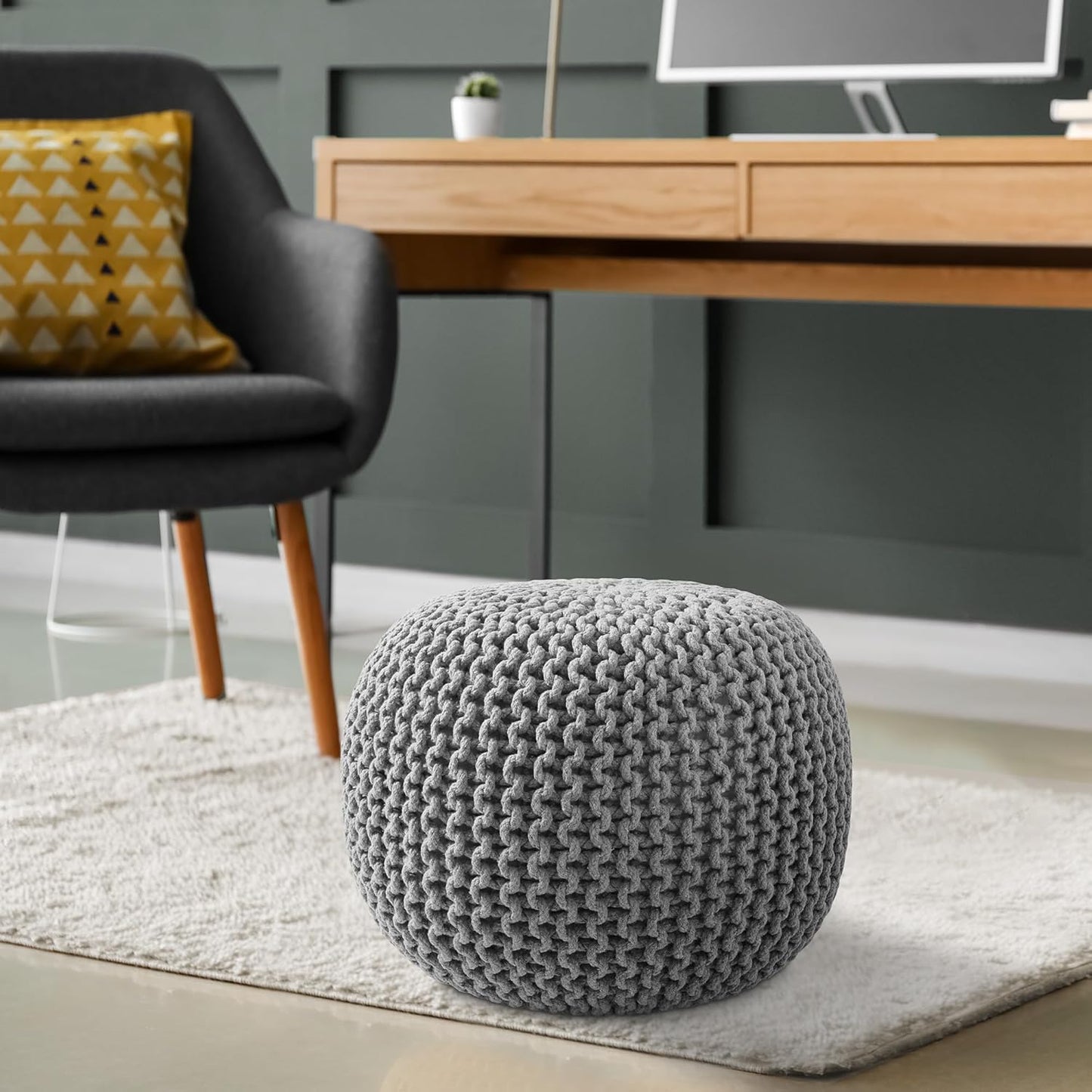 Casafield Round Pouf Ottoman, Light Gray - 20" Diameter x 14.5" High Cotton Knit Foot Stool - Boho Floor Pouffe for Living Room, Bedroom, Home Office