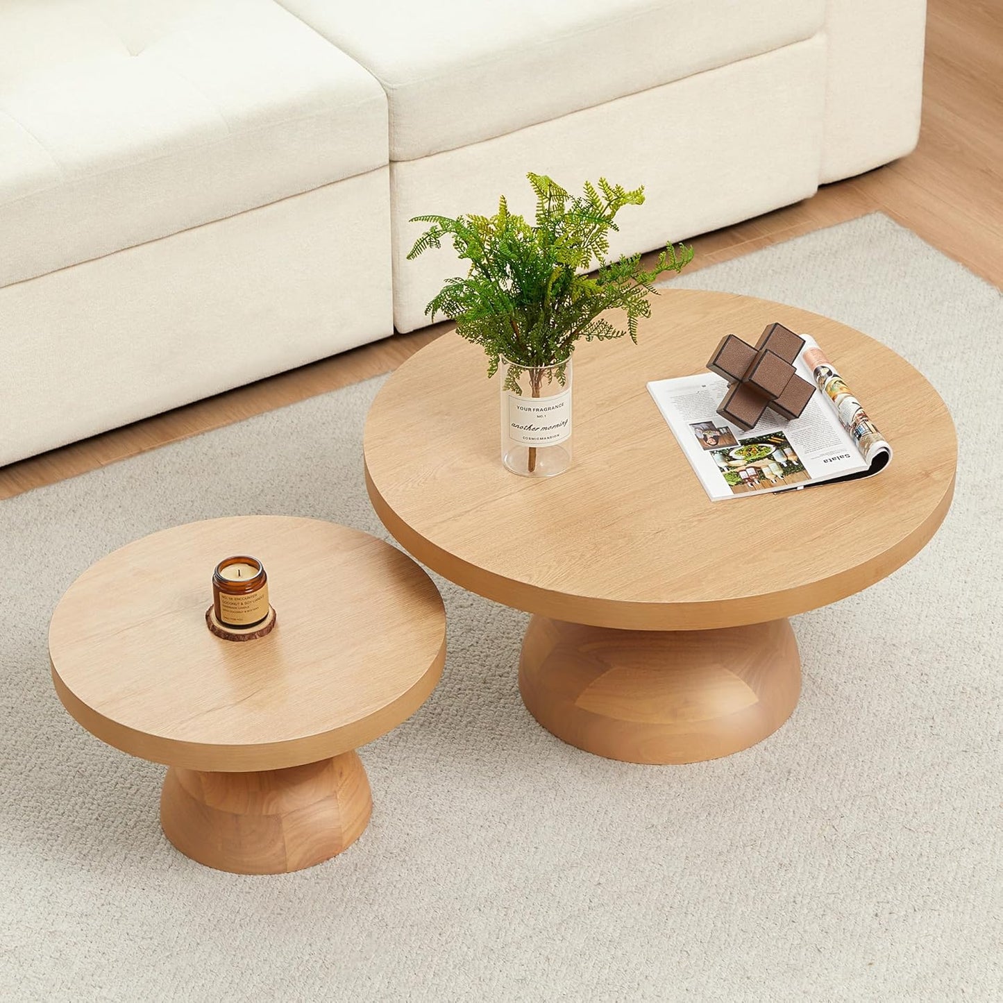 Solid Wood Round Nesting Coffee Table Set of 2, Circle Accent Tables with Unique Semi-Circular Legs, Mid Century Modern Side End Table Set for Small Space Living Room Office (Natural Oak)