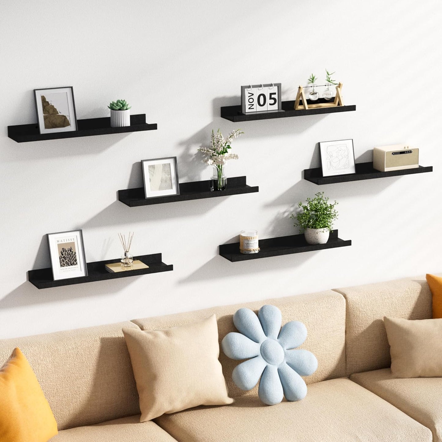 upsimples Floating Shelves for Wall, Wall Shelves for Decor Storage Set of 6, Wall Mounted Wood Shelf for Bedroom, Living Room, Bathroom, Kitchen, 23.6 inch Long Picture Ledge Shelf, Black