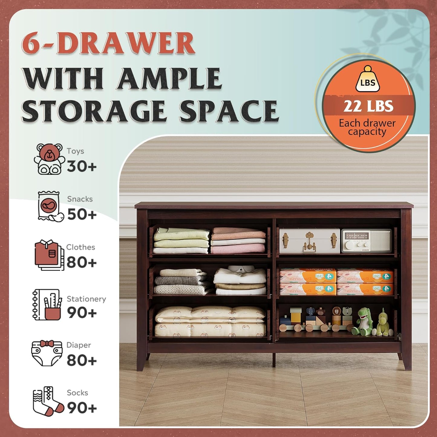 WLIVE Wood Dresser for Bedroom, Double 6 Drawer Dresser with Metal Handle, Large Wooden Chest of Drawers for Living Room, Hallway, Closet, Rustic Brown